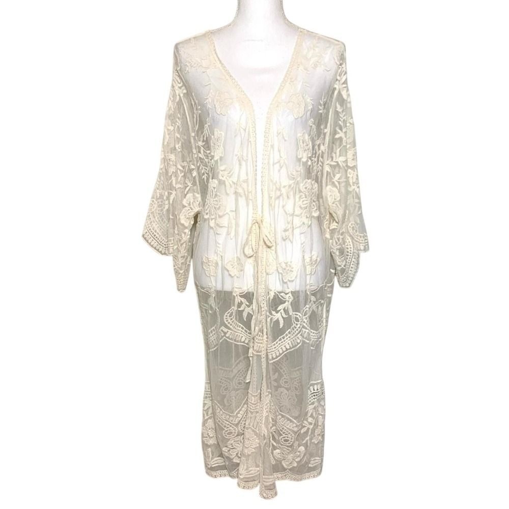 POL Cream Boho Crochet Victorian Lace Kimono Duster Cotton Small to Med